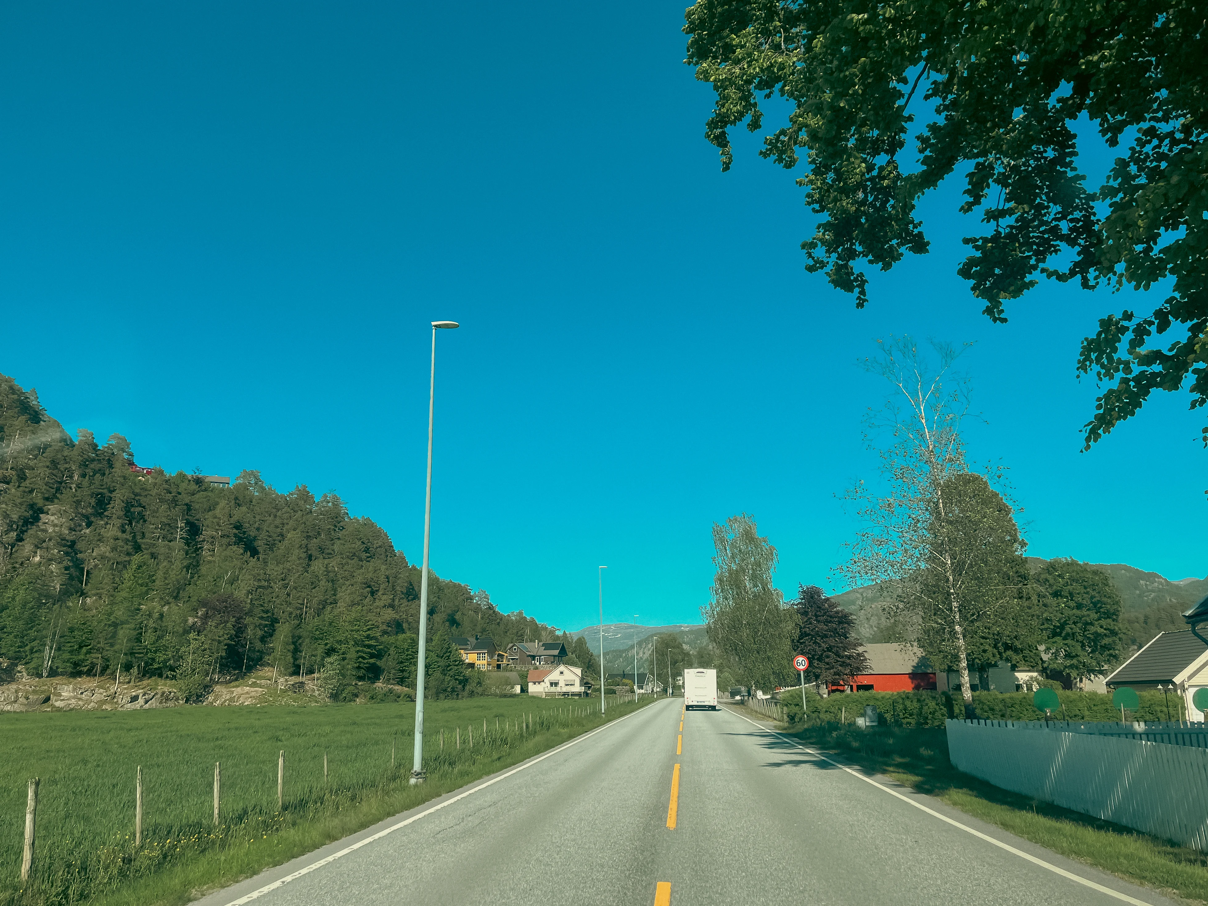 A country road lined with trees, grass and farm buildings on a blue sky day.