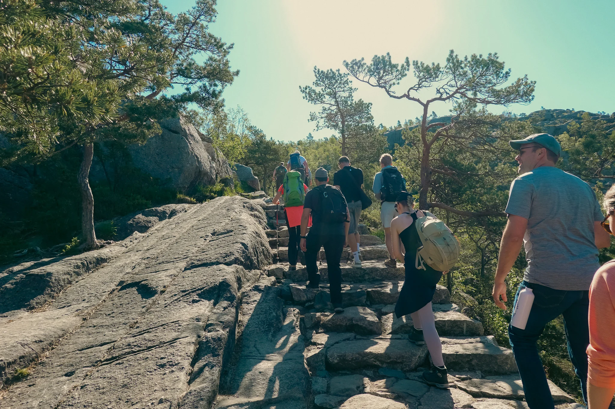 Groups of hikers wakling up stone steps along a trail with trees in the background.