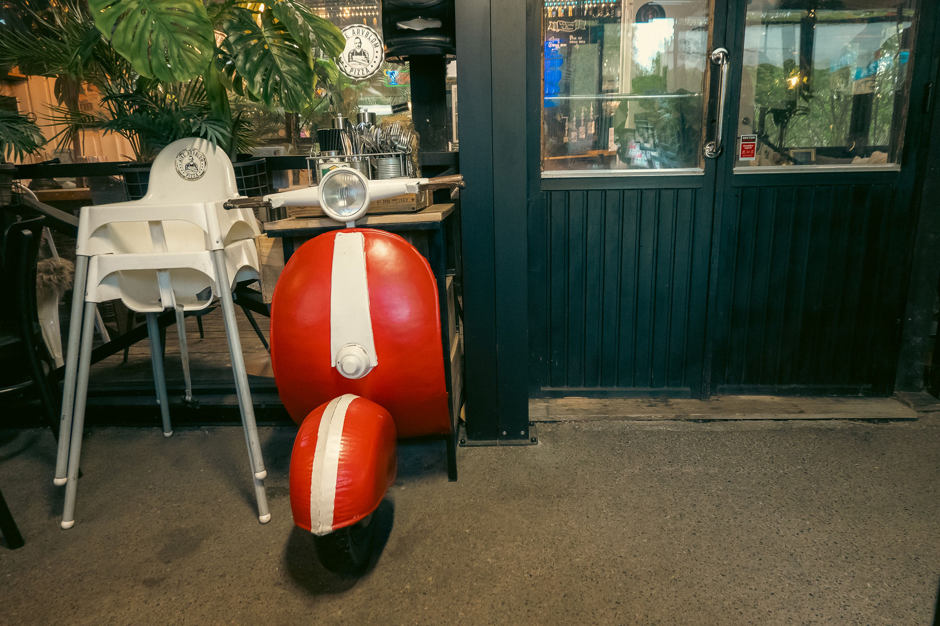 Vespa replica decoration inside Mike Arvblom Pizza in Exterior of Mike Arvblom Pizza in Falsterbo, Sweden