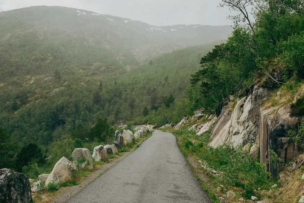 A misty mountain road curves through lush greenery, bordered by rocks. Overcast sky and serene, natural scenery dominate the background.
