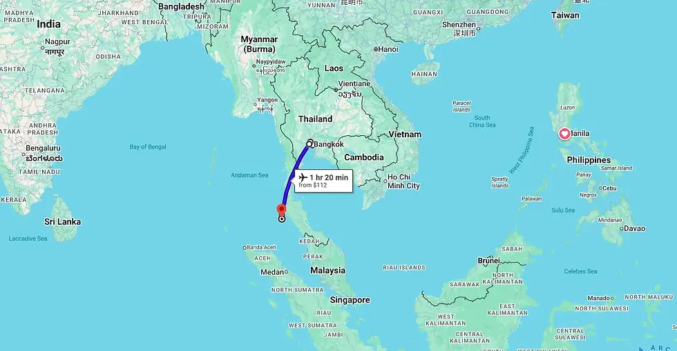 Map showing a flight path from Bangkok to a location in Malaysia. Blue line indicates a 1 hr 20 min flight with a $112 cost.