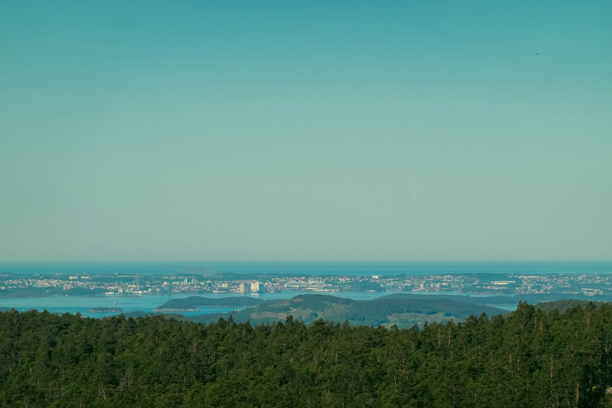 The city of Stavanger and fjords in the distance beyond a line of trees on a mountain.