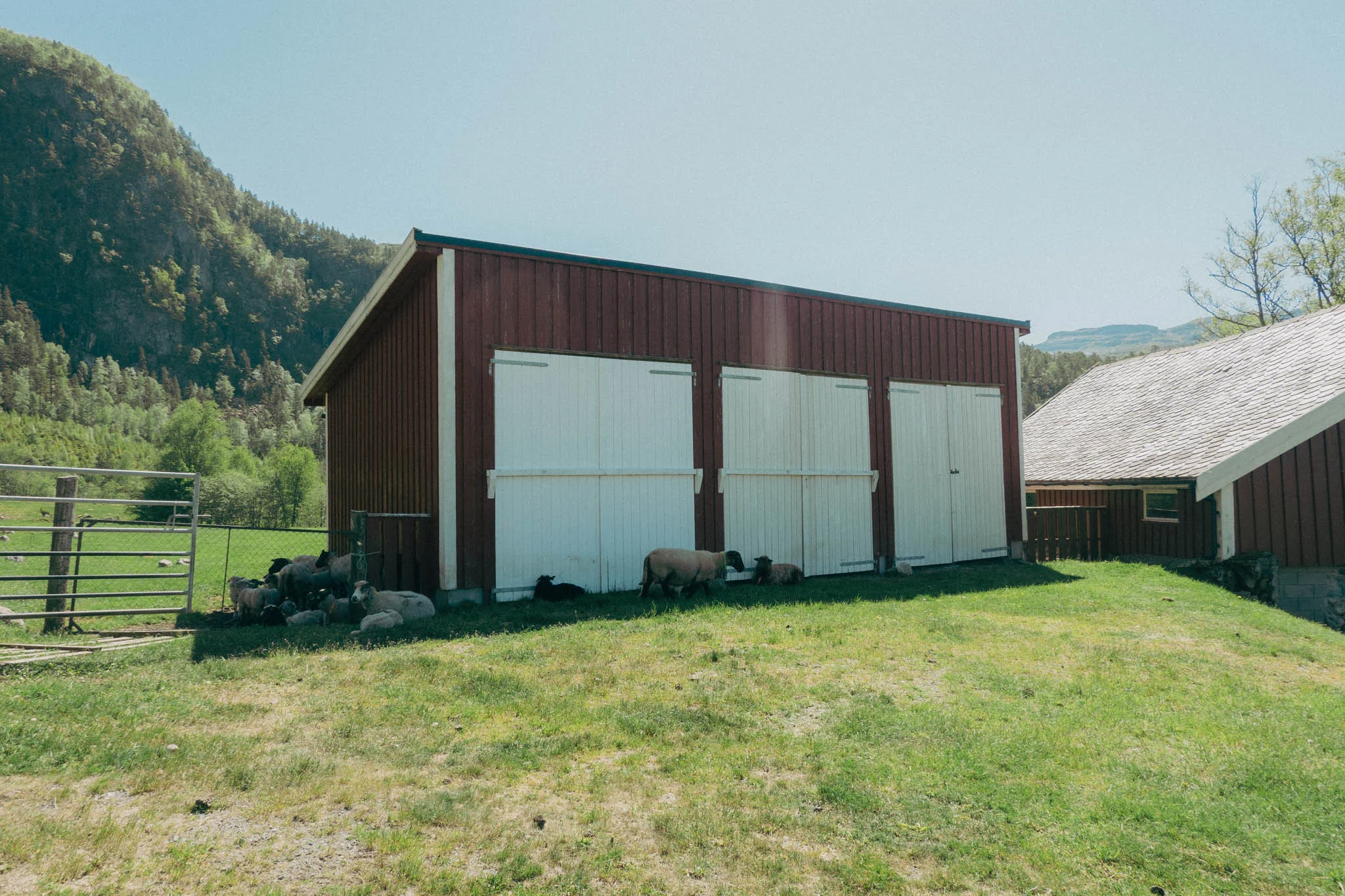 Red barn on green farmland with green mountains in the background