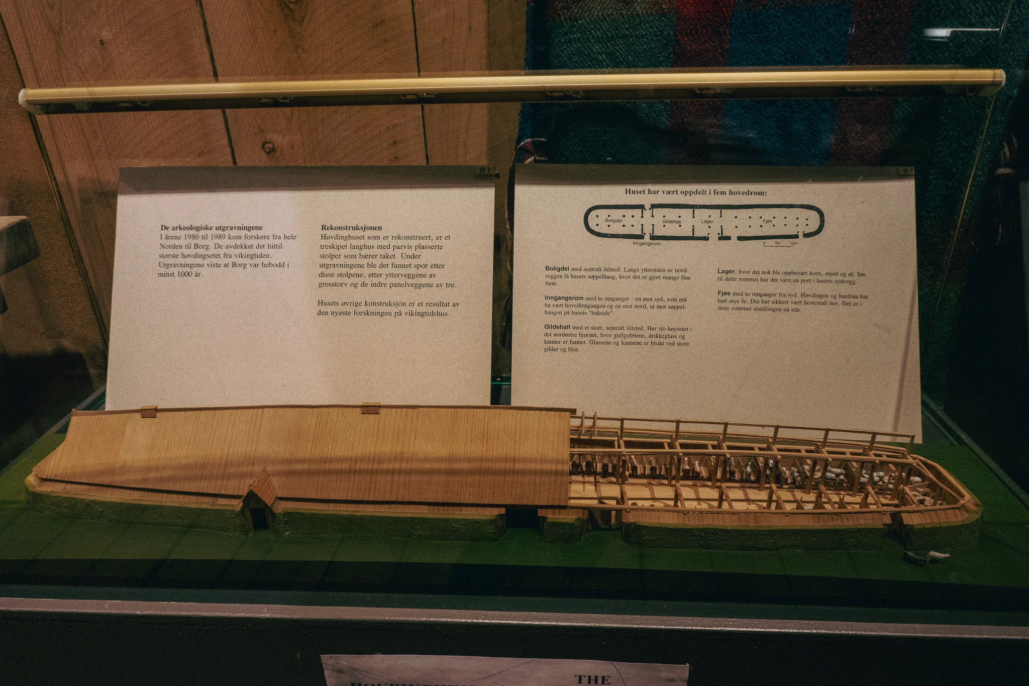 A miniature model of a traditional Viking Longhouse on display in the Lofotr Viking Museum