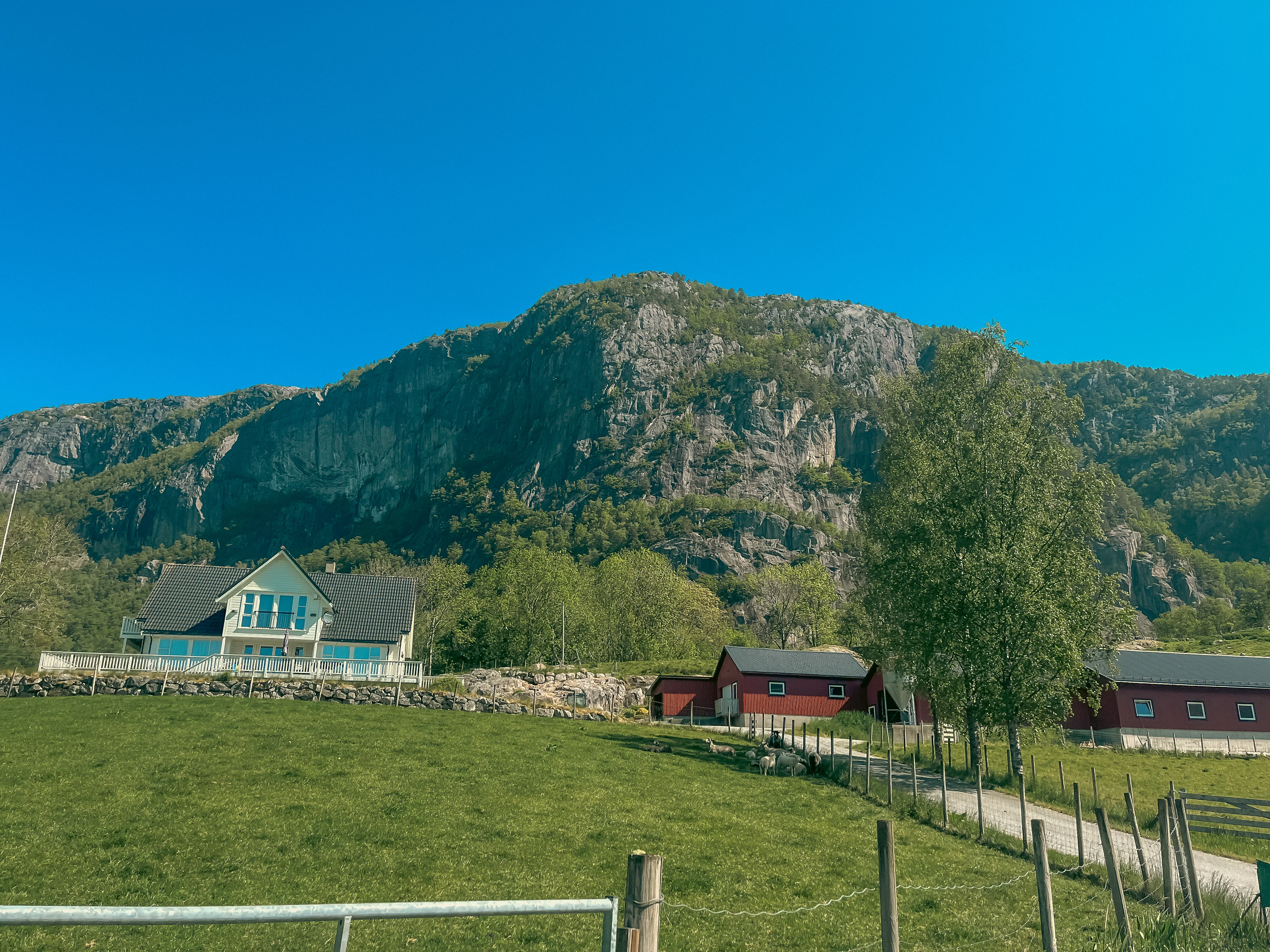 Red and white buildings in a green field with trees in the front and mountains in the background.