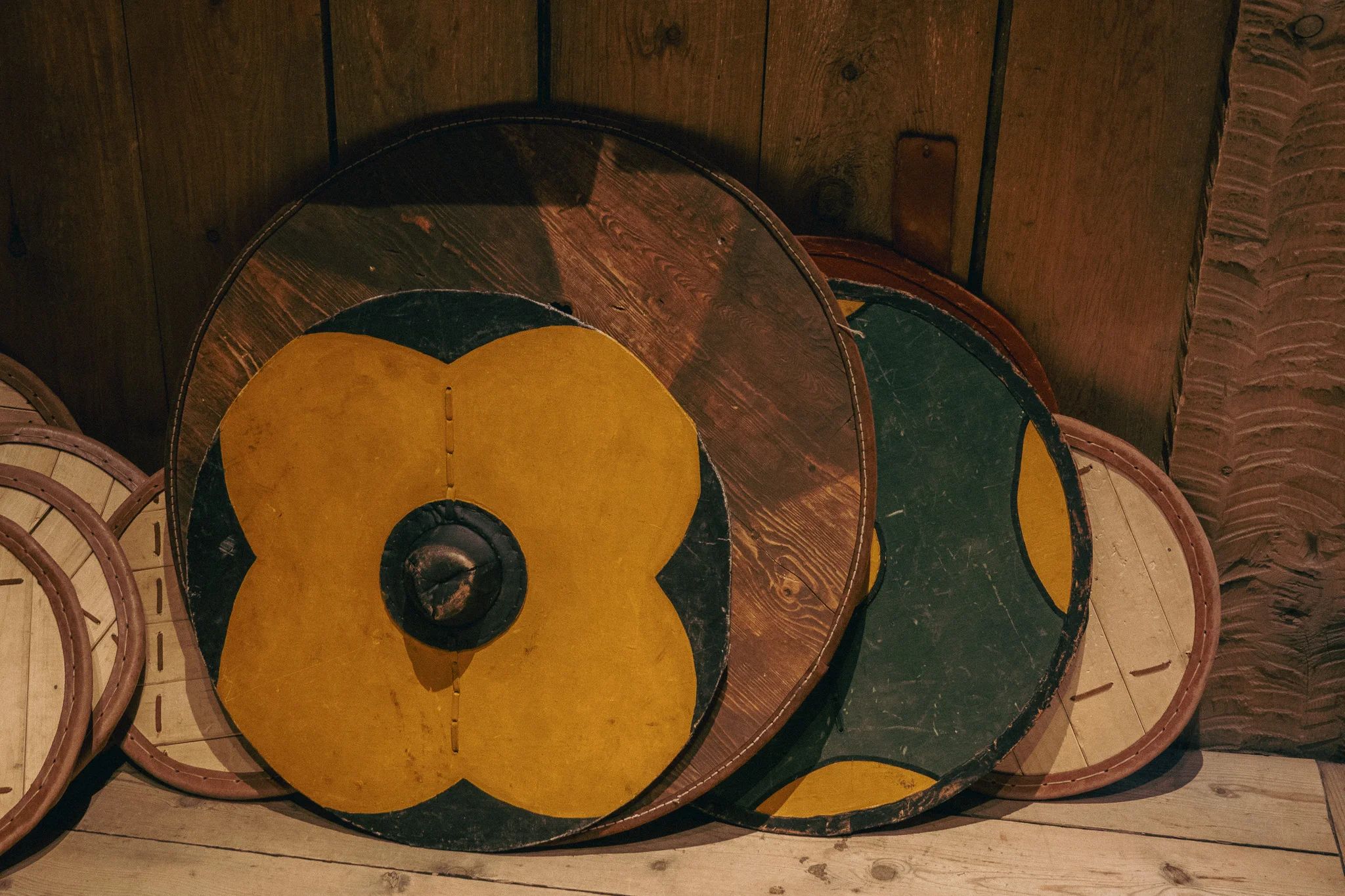 Traditional Viking shields on display in the Lofotr Viking Museum