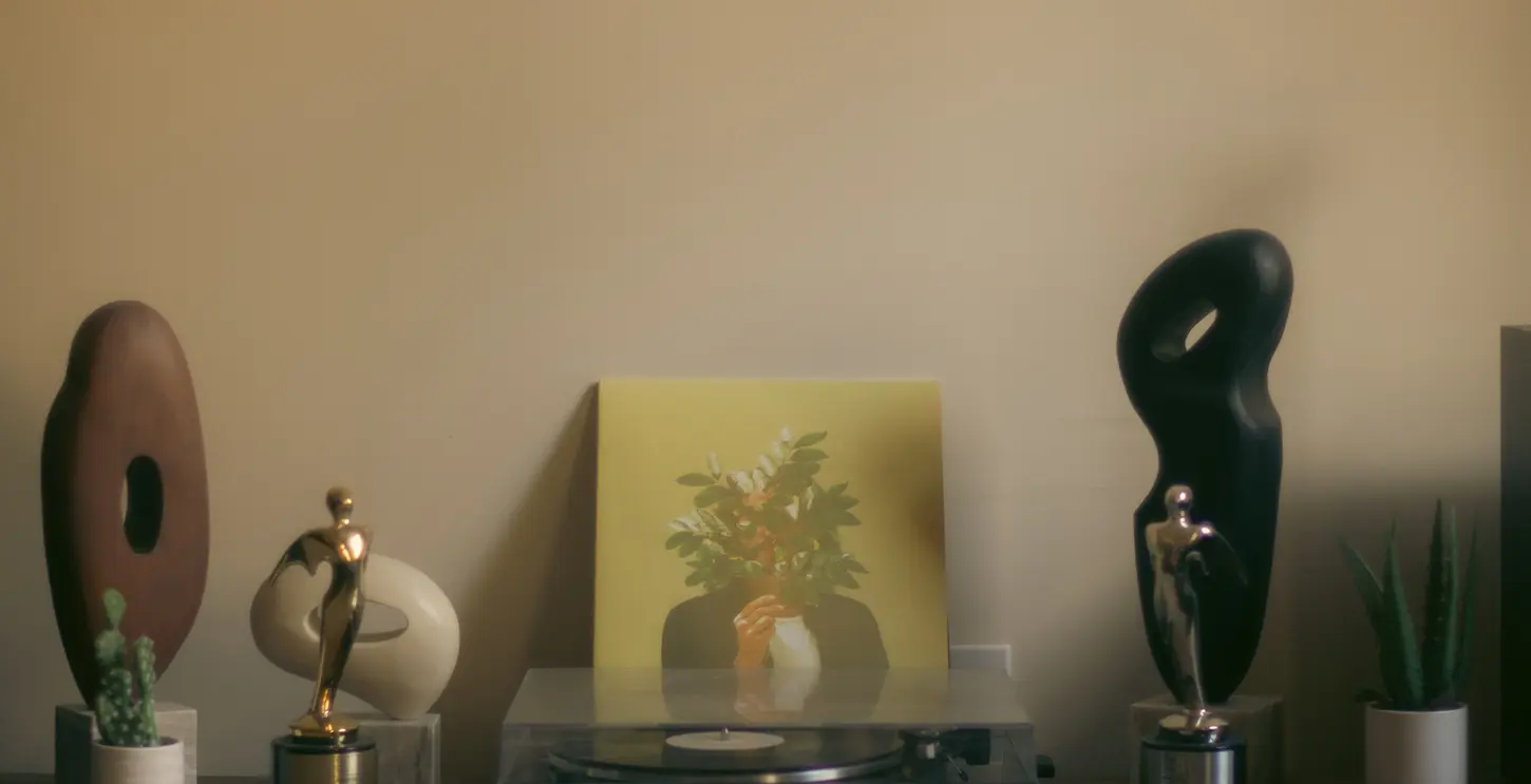 Doug Newton's record player with an FKJ album on display.