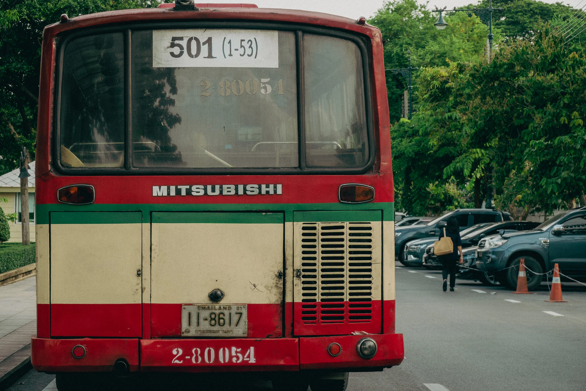 Red white and Green vintage Mitsubishi  bus