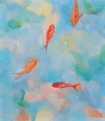 Quiet, peinture, contemporaine poisson et fleurs d’Astrid Link, acrylique sur toile