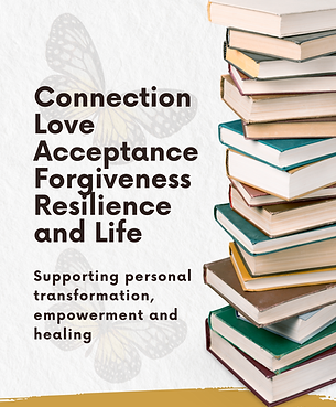 Stack of books with text highlighting transformation, empowerment, and healing, featuring a faint butterfly in the background