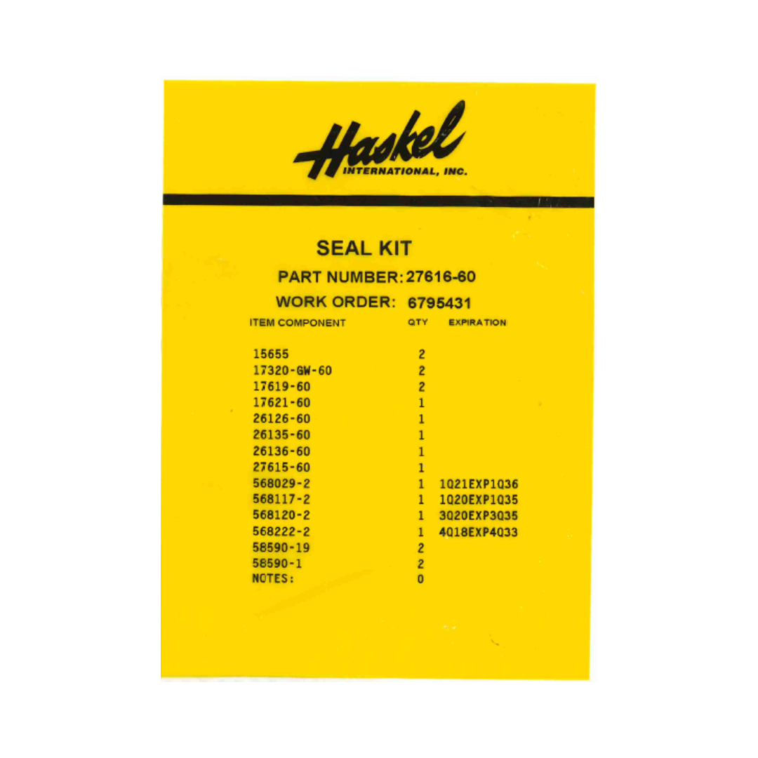 Haskel 27616-60 Fluid Section Seal Kit for GW-60 Pump