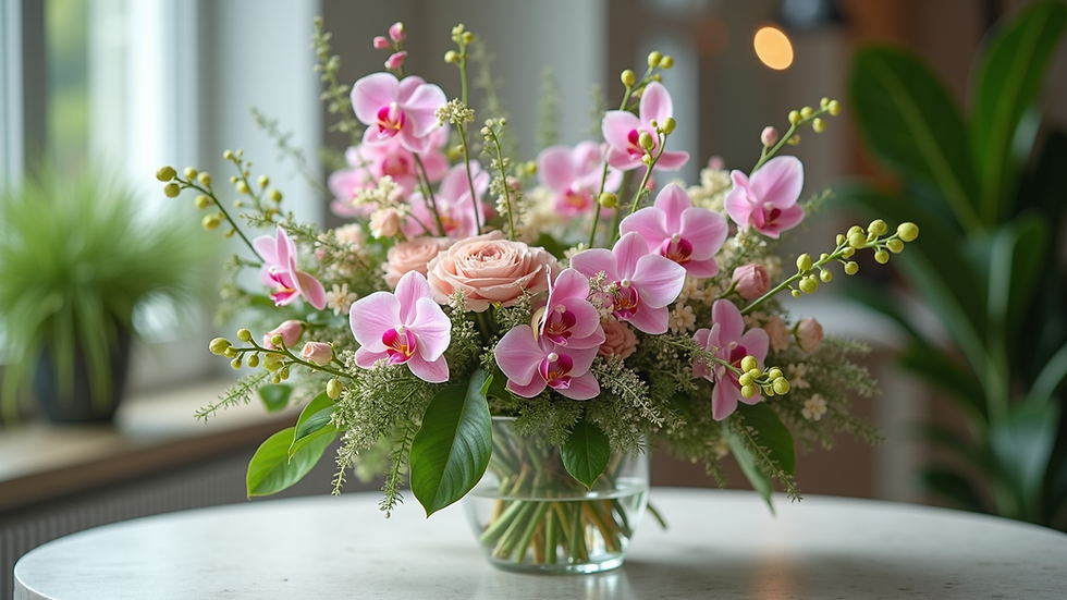 Eye-level view of a modern floral centerpiece with orchids and greenery