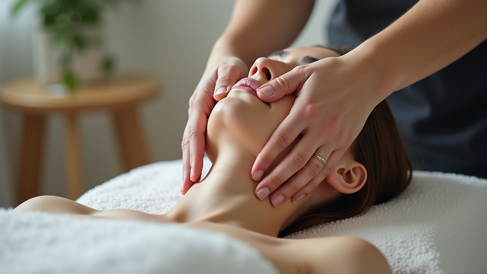 Close-up view of a therapist performing gentle lymphatic massage on a client's neck