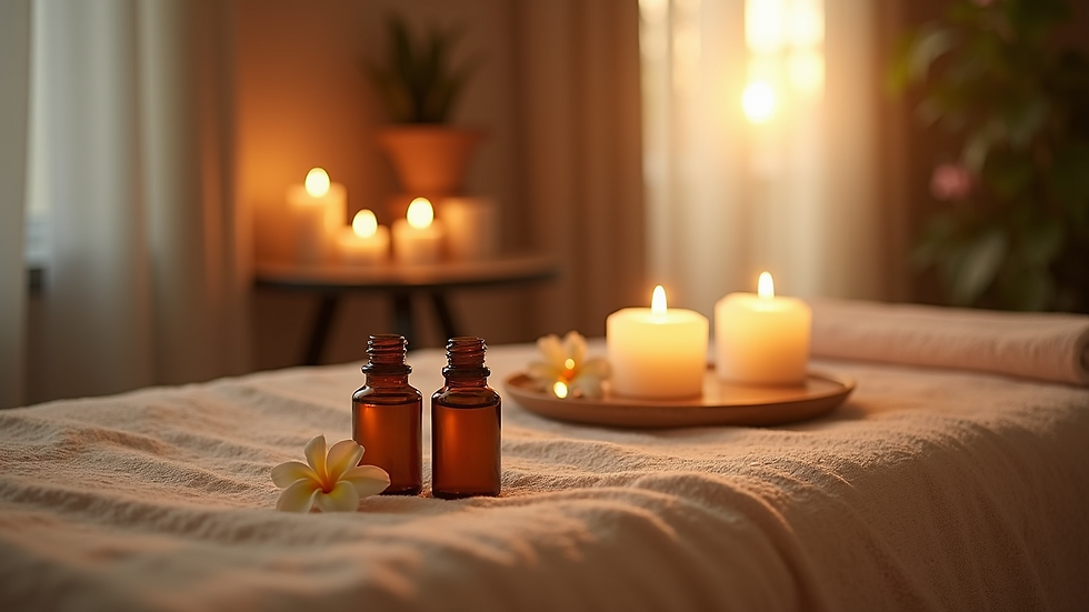 Eye-level view of a massage table with essential oils and candles