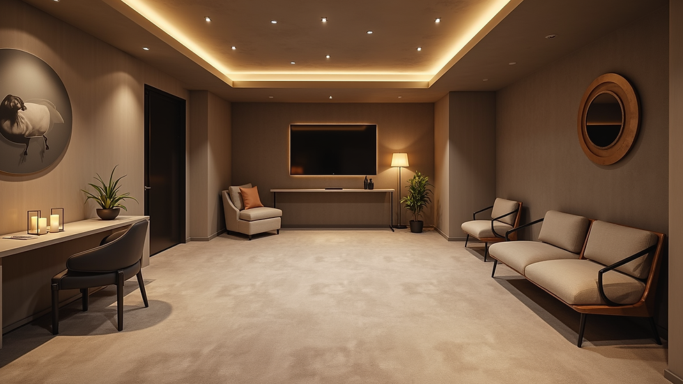 Wide angle view of a finished basement with modern design and proper lighting