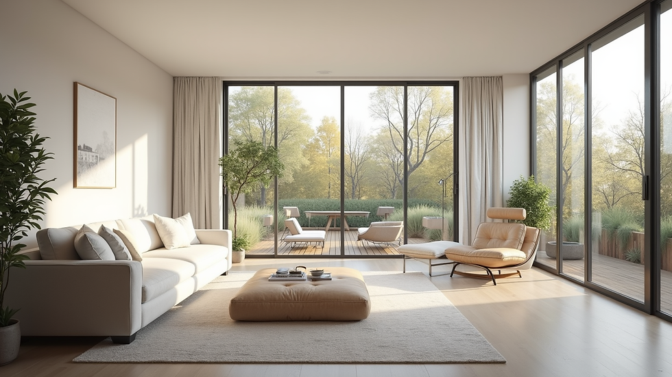 Wide angle view of bright living room renovation with large windows and minimalist furniture