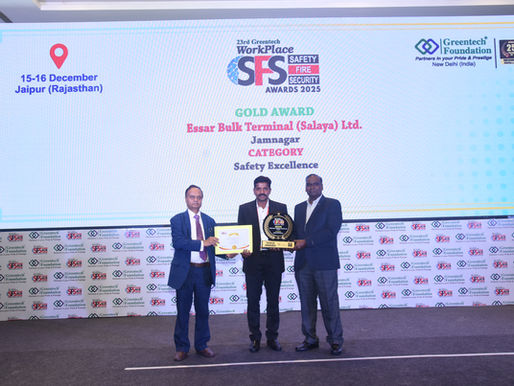 ESSAR BULK TERMINAL (SALAYA) LTD., Jamnagar For winning the Safety Excellence at the 23rd Greentech Workplace Fire Safety & Security Awards 2025! 