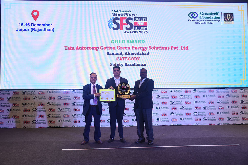 TATA AUTOCOMP GOTION GREEN ENERGY SOLUTIONS PVT. LTD., Sanand, Ahmedabad For winning the Safety Excellence at the 23rd Greentech Workplace Fire Safety & Security Awards 2025!
