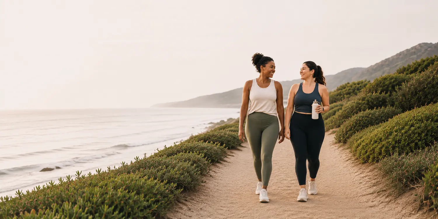 Two women walking together along a coastal trail
