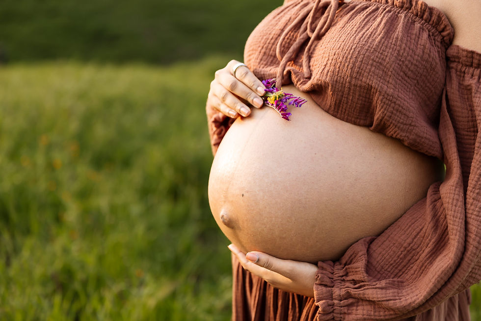 Pregnant woman in a brown dress holds her belly and purple flowers in a green field, conveying a serene, joyful mood.