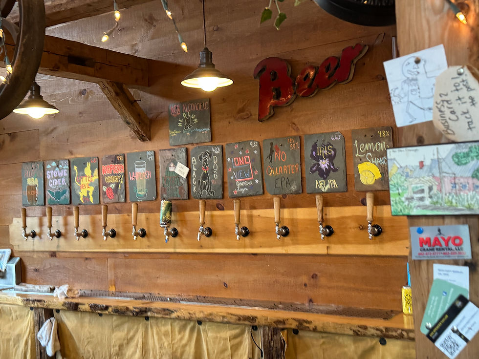 The wooden tap-wall behind the bar at Red Barn Brewery, Danville, Vermont.
