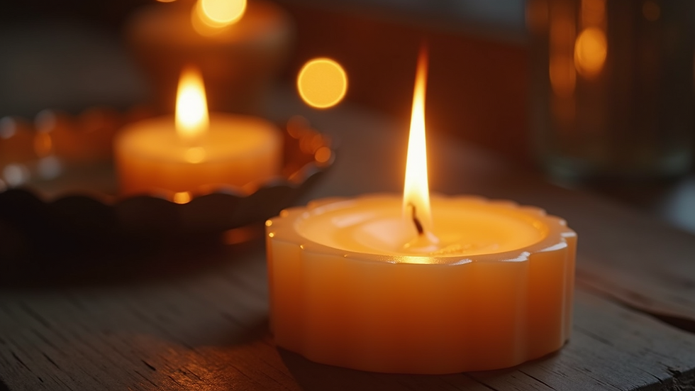 Close-up view of a paraffin candle burning softly in a cozy setting