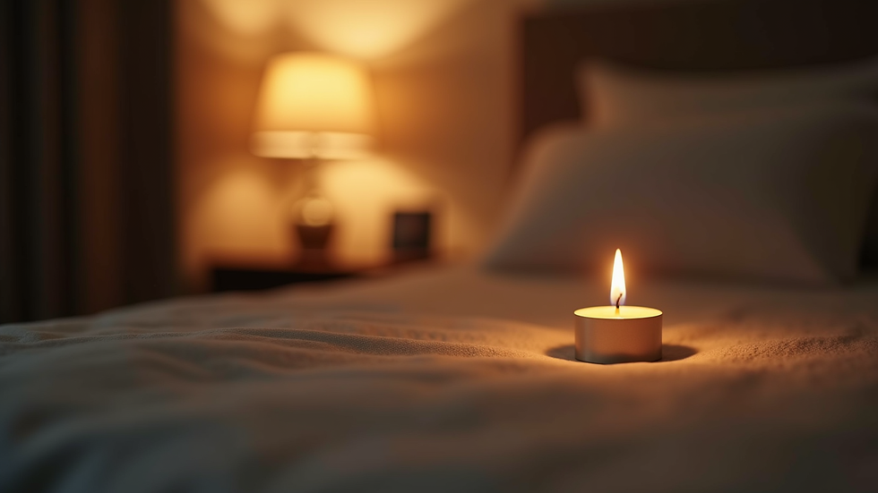 Eye-level view of a small candle burning on a bedside table