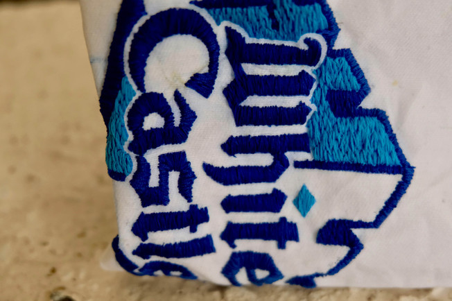 Jay Hutchinson, White Castle from the series "Broken concrete, American trash", hand-embroidery on digitally printed cotton drill with found concrete (2020).