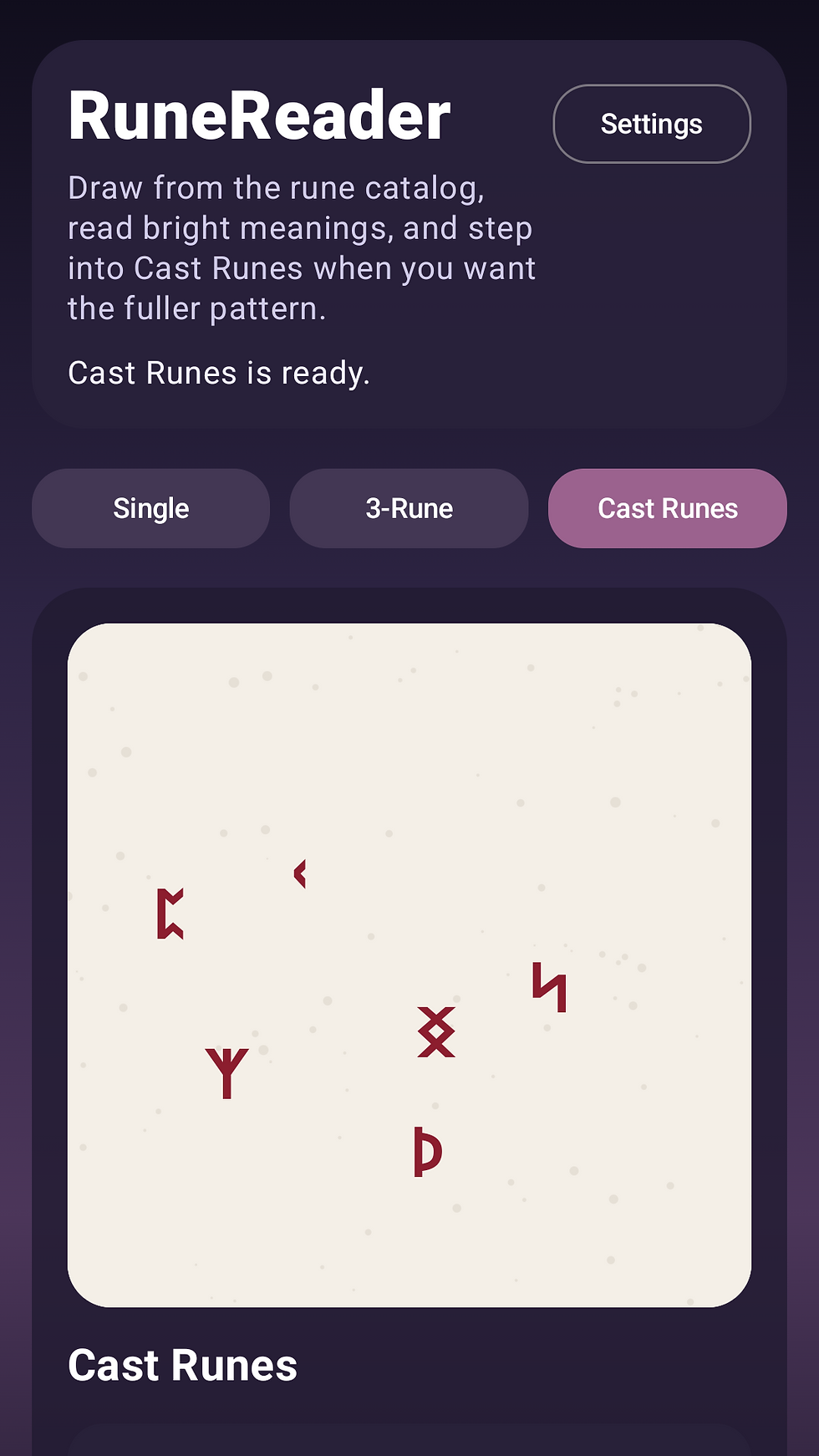 RuneReader's Cast Runes feature, showing six runes spread on a white background.