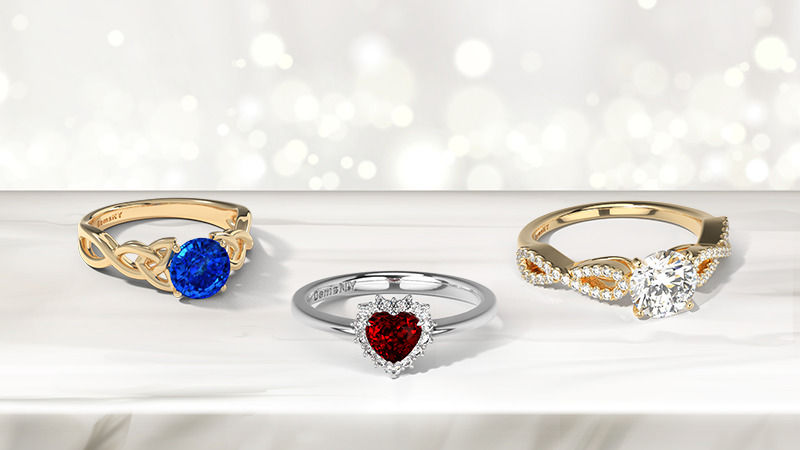 a collage showing multiple styles of custom engagement rings
