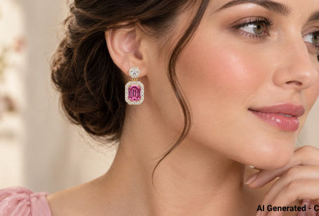 A woman wearing elegant pink tourmaline earrings with a soft, sophisticated look.