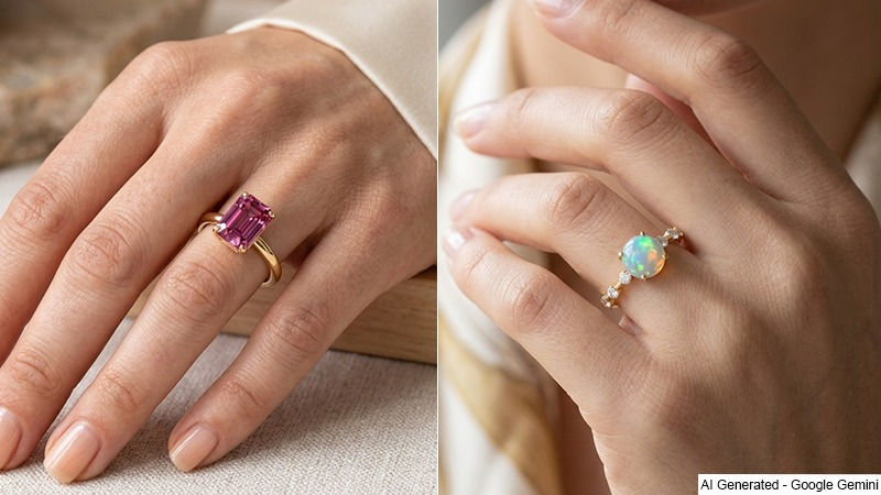 Collage of 2 women, first one wearing Pink tourmaline ring and second one wearing opal ring