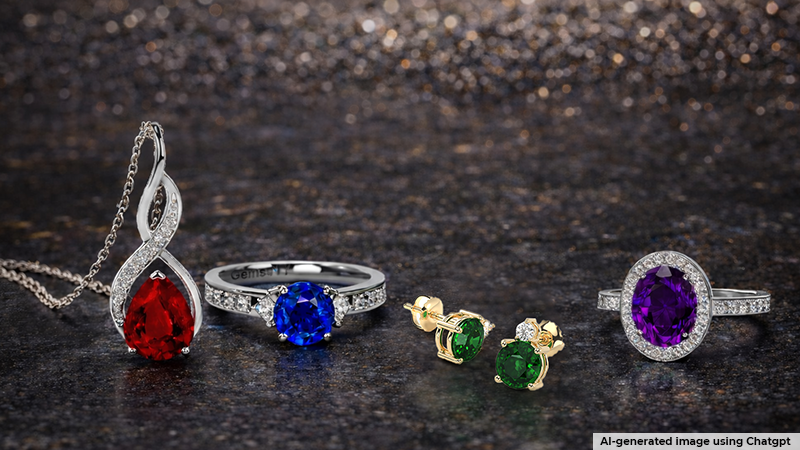 a collage showing different colored gemstone jewelry pieces such as ruby pendant, blue sapphire ring, emerald earrings and amethyst ring