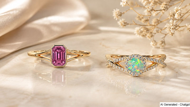 Collage of pink tourmaline ring in bezel setting and opal halo ring