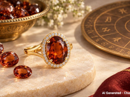Hessonite Garnet Gemstone styled in elegant astrological jewelry.