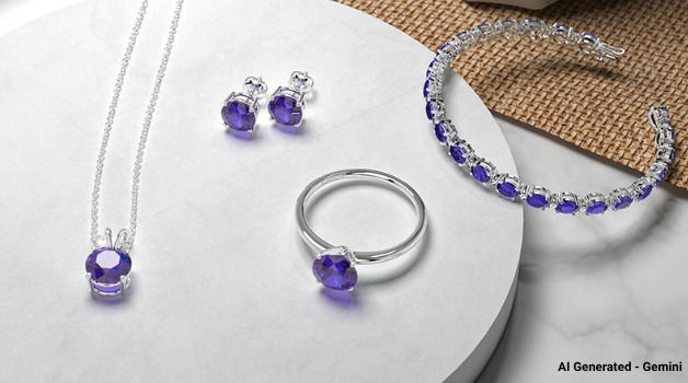 Different tanzanite jewelry pieces such as rings, pendants, earrings and bracelets