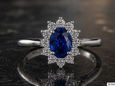 A sapphire and diamond ring in focus, add a black stone surface where the ring is reflecting.