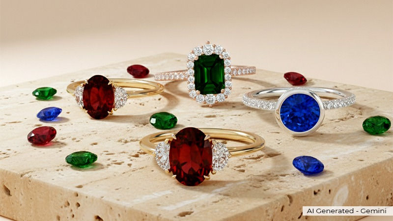 2-3 different gemstone rings and loose gemstones scattered