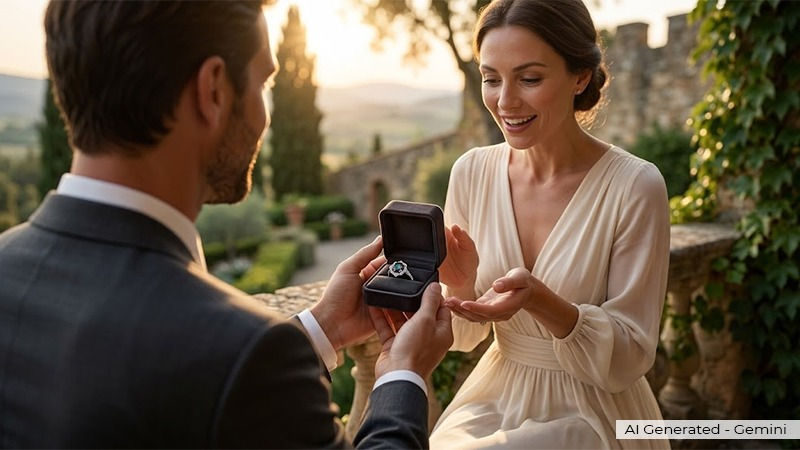 man proposing to his girlfriend with an alexandrite ring