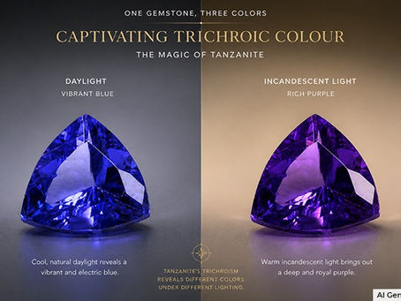 Tanzanite stone showing trichroic color under different lighting