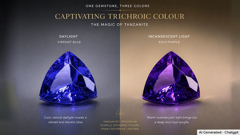 Tanzanite stone showing trichroic color under different lighting