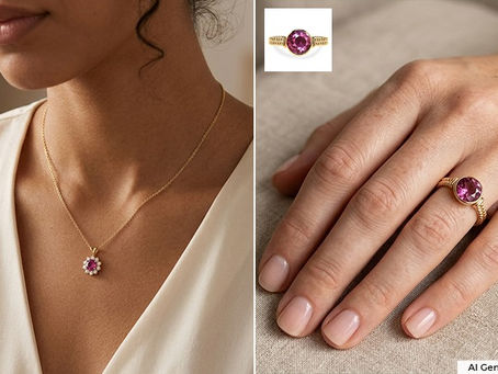 2 women wearing different lavender sapphire jewelry pieces