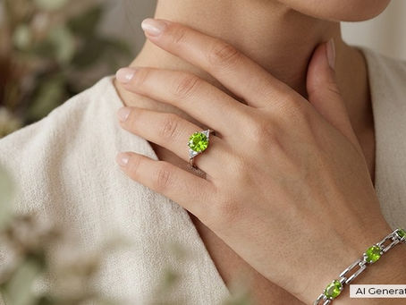 a woman adorned with peridot jewelry pieces