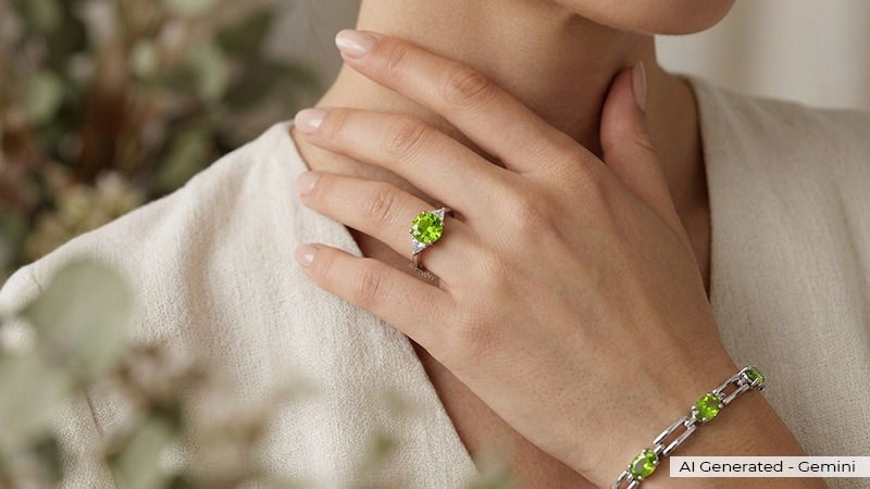 a woman adorned with peridot jewelry pieces