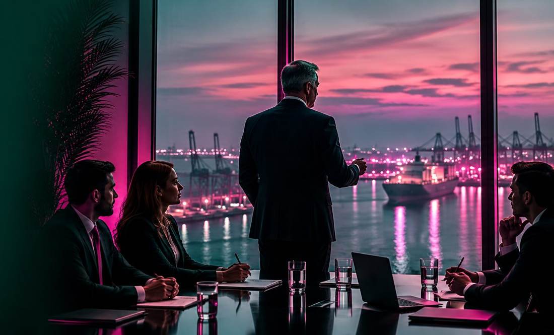 A meeting overlooking a port at night
