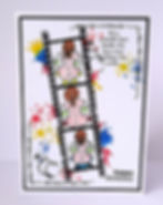 set of film negative with Miss Dee character in each take, background with red, yellow and blue ink splats, birthday message