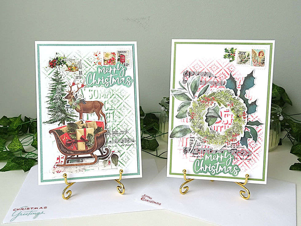 Set of two Christmas cards in a vintage botanical style with deer and sleigh or Christmas wreath on the front.