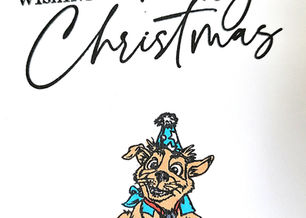 Part of a Christmas message above a cartoon style dog's head