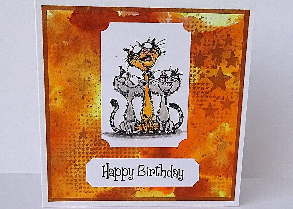 Birthday card with three cartoon cats on an orange starry background and the text Happy Birthday
