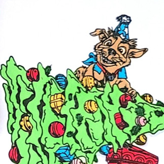 a cartoon style dog peering over a fallen over Christmas tree